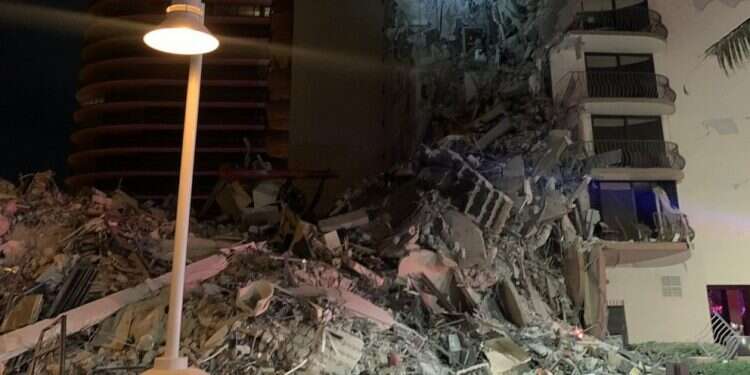 The scene of the collapsed building, June 24, 2021 11-story residential building collapses near Miami Beach
