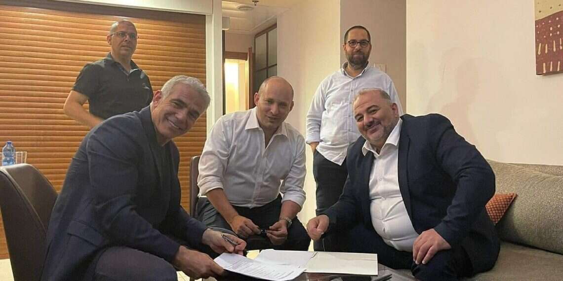 Yesh Atid leader Yair Lapid, Yamina Chairman Naftali Bennett, and Ra'am leader Mansour Abbas after finalizing the coalition agreements, June 2, 2021 Anti-Netanyahu bloc announces deal on new government