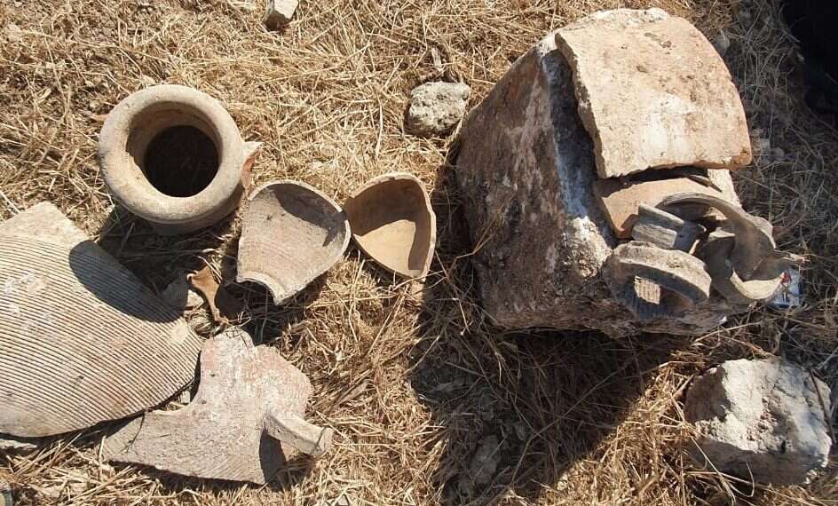 Pottery shards and sections of stone discovered at Khirbat al-Jahush in northern Israel Authorities bust destructive illicit dig in northern Israel