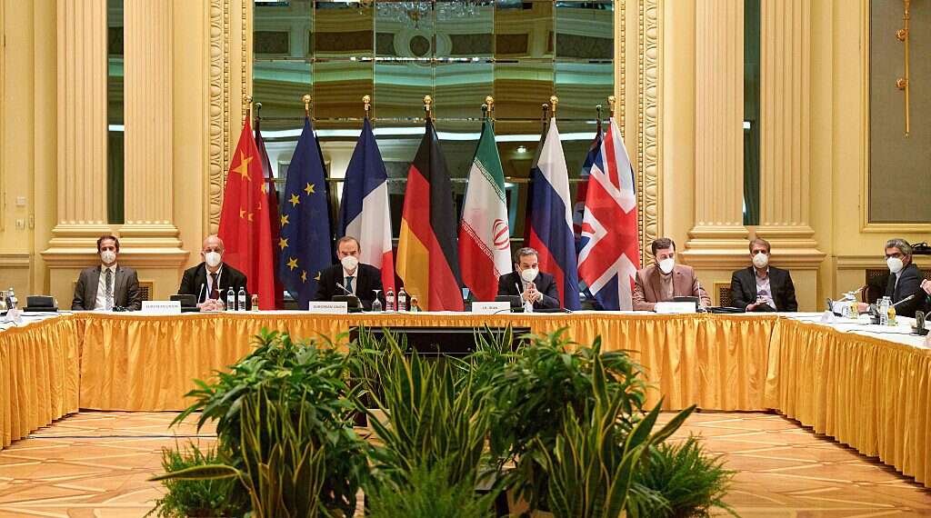 Delegation members from the parties to the Iran nuclear deal (Germany, France, Britain, China, Russia and Iran) attend a meeting at the Grand Hotel of Vienna as they try to restore the 2015 deal on April 17, 2021 'New Iran nuclear deal must be secured before window of opportunity closes'