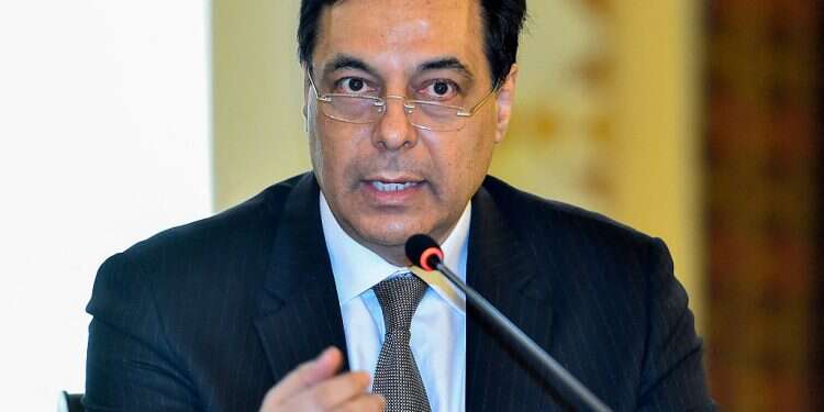 Lebanon's caretaker PM Hassan Diab addressing ambassadors and diplomatic representatives in Beirut, July 6, 2021