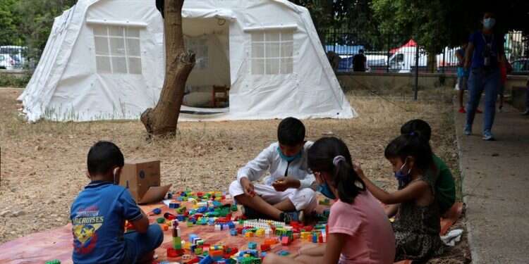 Children play outside a UNICEF tent in Beirut's port area, Lebanon August 20, 2020 UNICEF: Over 71% of Lebanon's population risks losing access to safe water