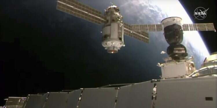 The 20-metric-ton (22-ton) Nauka module, also called the Multipurpose Laboratory Module as it approaches the International Space Station space station, July 29, 2021 New Russian lab briefly knocks space station out of position