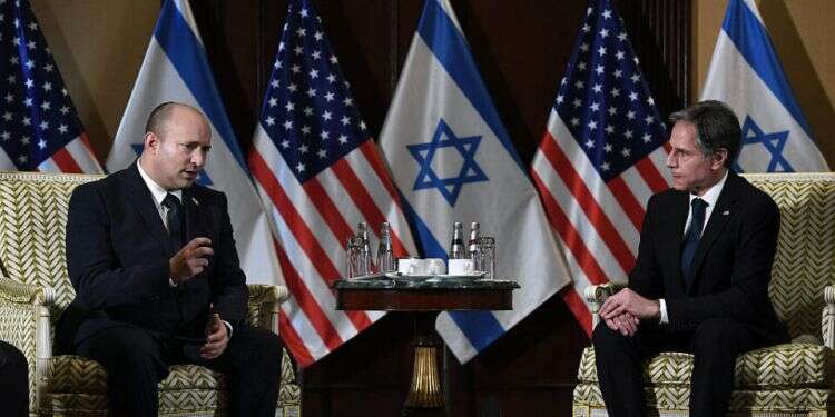 Prime Minister Naftali Bennett meets with US Secretary of State Antony Blinken at the Willard Hotel in Washington, Aug. 25, 2021 (Olivier Douliery / Pool / AFP) In meetings with PM, US officials reaffirm 'unshakeable' commitment to Israel's security