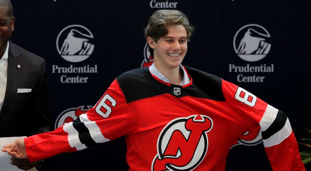 Jack Hughes of the New Jersey Devils speaks during the Media Day as News  Photo - Getty Images