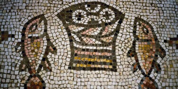 A mosaic depicting the miracle of the loaves and fishes at the Church of the Multiplication in Tabgha Church identified as site of miracle of the loaves and fishes plundered