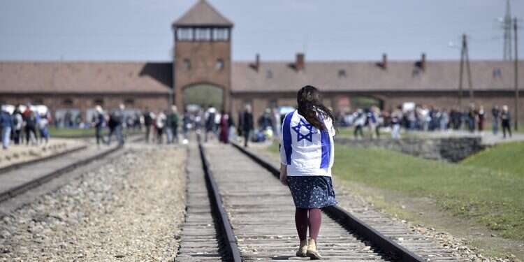 An Israeli teenager wrapped in a flag approaches the Auschwitz concentration camp during the March of the Living on May 1, 2019 'Holocaust education trips indoctrinate Israeli youth against Poland'