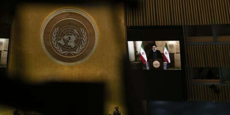 Iranian President Ebrahim Raisi remotely addresses the 76th session of the United Nations General Assembly in a pre-recorded message, Sept. 21, 2021 In first UN speech, Iran's Raisi takes aim at American foreign policy