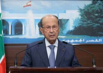Lebanese President Michel Aoun addresses the nation from the presidential palace in Baabda, Lebanon, Oct. 14, 2021 Lebanon tensions test Hezbollah-Aoun alliance