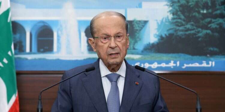 Lebanese President Michel Aoun addresses the nation from the presidential palace in Baabda, Lebanon, Oct. 14, 2021 Lebanon tensions test Hezbollah-Aoun alliance
