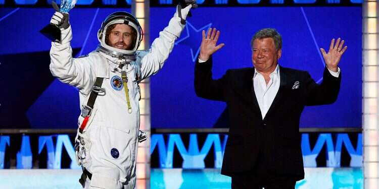 Hosts T.J. Miller and William Shatner close the show during the 21st Annual Critics' Choice Awards in, California, Jan. 17, 2016 To boldly go: William Shatner to fly to space aboard Blue Origin rocket