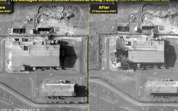 The Shahid Hemmat Industrial Group Facility seen before (left) and after the blast on Sept. 27, 2021 Satellite images show damage following blast at IRGC nuclear facility