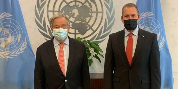 Israel's Ambassador to the United Nations and the US, Gilad Erdan, met on Wednesday with UN Secretary-General António Guterres at UN headcquarters in New York, Wednesday, October 27, 2021 Israeli ambassador urges UN to adopt IHRA definition of antisemitism