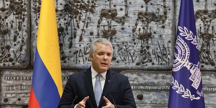 Colombian President Ivan Duque speaks during a press statement at the Knesset, Nov. 8, 2021 Colombian president lands in Israel to open innovation center