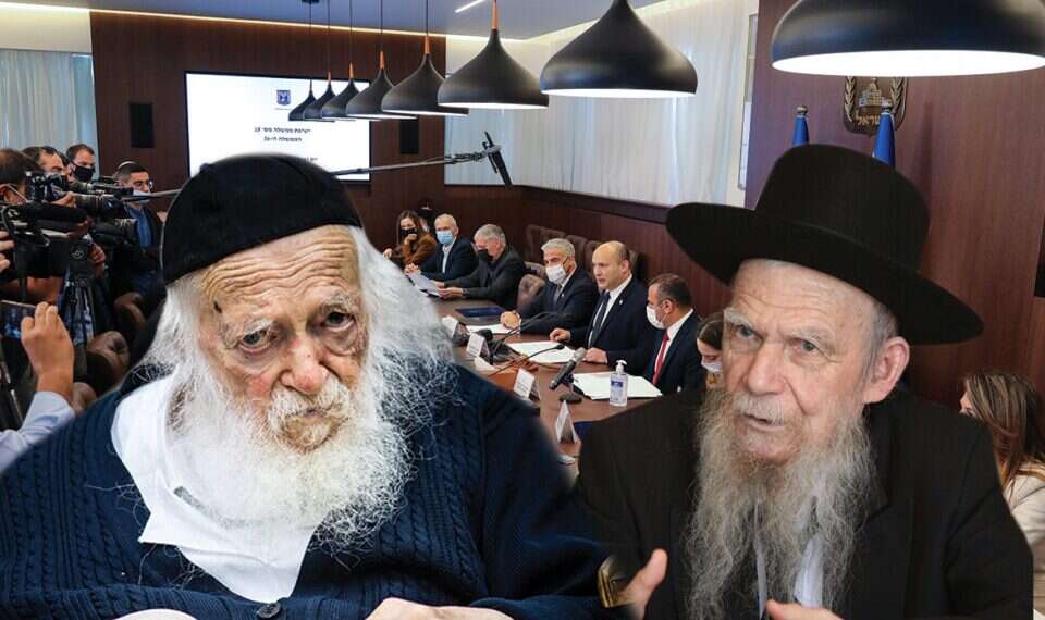 Haredi rabbis Chaim Kanievsky (left) and Gershon Edelstein (right) with coalition members in the background Leading Haredi rabbis lambast government for 'destroying kashrut, conversion'
