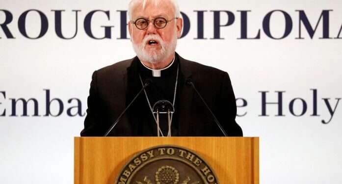 Arcbishop Paul Gallagher speaks at Holy See Symposium on Advancing and Defending Religious Freedom through Diplomacy, in Rome, Sept. 30, 2020 Vatican envoy accuses Lebanese politicians of profiting from country's suffering