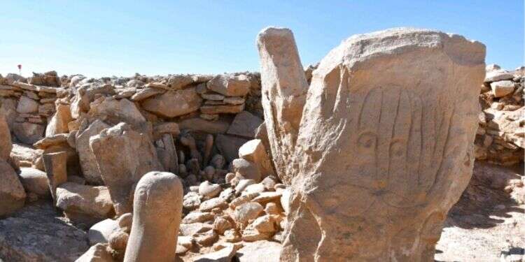 Two carved standing stones at a remote Neolithic site in Jordan’s eastern desert, Feb. 22, 2022 Archaeologists find 9,000-year-old shrine in Jordan desert