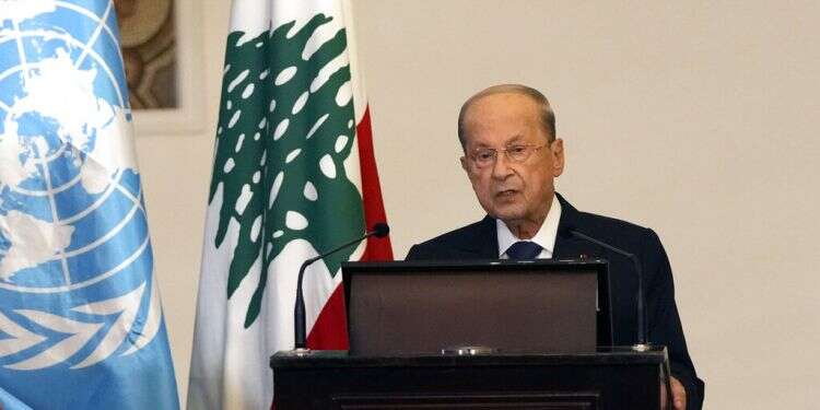 Lebanese President Michel Aoun speaks during a press conference at the presidential palace in Baabda east of Beirut, Dec. 19, 2021 Lebanese president hopeful maritime border talks with Israel prove successful