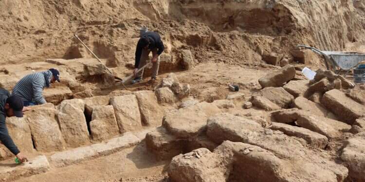 Men work in a newly discovered Roman cemetery in Gaza, Feb. 17, 2022 Bulldozers unearth Roman-era cemetery in Gaza
