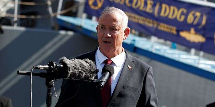 Defense Minister Benny Gantz speaks to media during his visit to Fifth Fleet Headquarters Navy Base in Juffair, Bahrain, Feb. 3, 2022 During historic Bahrain visit, Gantz pledges to puruse 'operational cooperation'