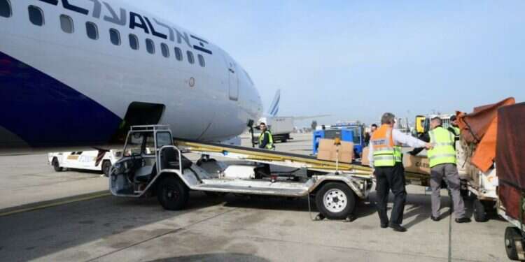 Humanitarian aid for Ukraine is loaded onto an El Al aircraft, March 1, 2022 Israel begins flying humanitarian aid to Ukraine