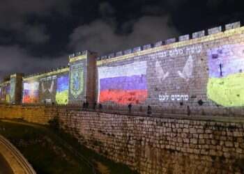 Display of Ukrainian, Russian flags on Jerusalem's Old City walls sparks uproar 
