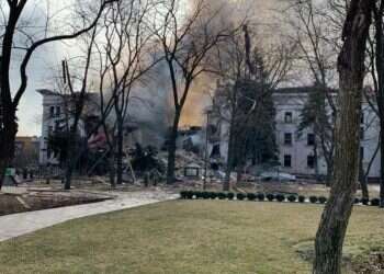 A theater in Mariupol after being hit by Russia Lavrov says sides 'close to agreement' as fighting intensifies