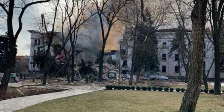 A theater in Mariupol after being hit by Russia Lavrov says sides 'close to agreement' as fighting intensifies