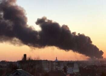A cloud of smoke raises after an explosion in Lviv, western Ukraine, March 18, 2022 Nearly 40,000 Ukrainians flee besieged port city of Mariupol
