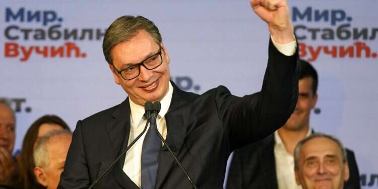 Serbian President and presidential candidate Aleksandar Vucic gestures during a news conference after claiming victory in the presidential election in Belgrade, Serbia, Sunday, April 3, 2022 Serbia's incumbent President Vucic set to win second term