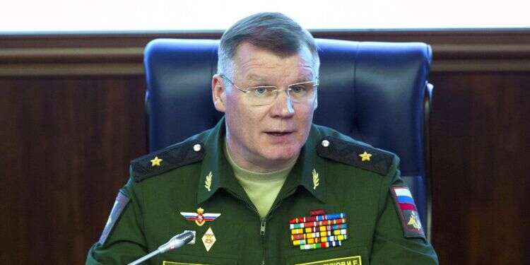 Russian Defense Ministry spokesman Maj. Gen. Igor Konashenkov speaks at a briefing in the Russian Defense Ministry building in Moscow, May 4, 2018 Moscow denies strike on Jewish pilgrimage site of Uman