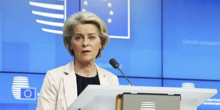 European Commission President Ursula von der Leyen speaks during a media conference at an EU summit in Brussels, March 25, 2022 EU condemns antisemitism disguised as anti-Zionism