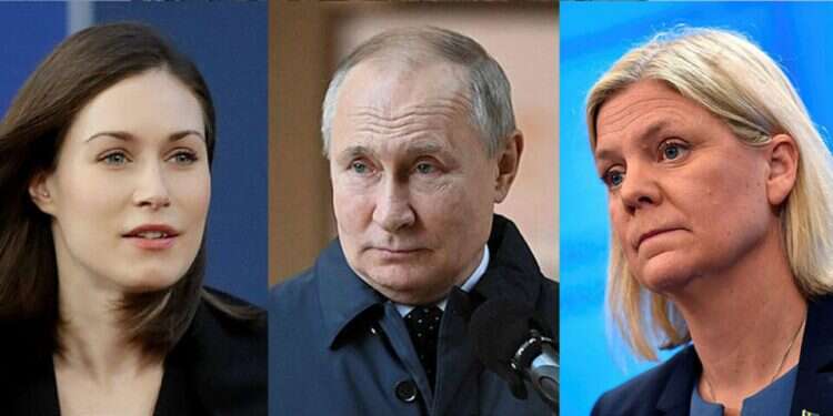 Finnish Prime Minister Sanna Marin, Russian President Vladimir Putin, and Swedish Prime Minister Magdalena Andersson Russia issues stern warning to NATO as Sweden, Finland inch closer to accession