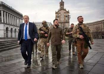 Ukraine's President Volodymyr Zelenskyy and British Prime Minister Boris Johnson walk at the Independence Square after a meeting, Kyiv, Ukraine, April 9, 2022 'Russia threatens not just Ukraine, but all of Europe'