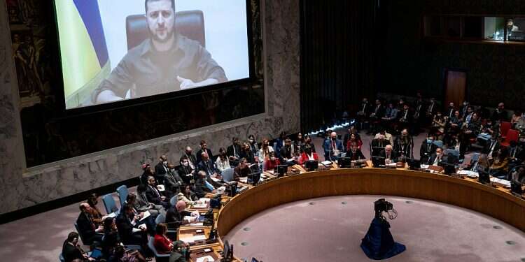 Ukrainian President Volodymyr Zelenskyy addresses the United Nations Security Council, April 5, 2022 Russia wants to turn us into slaves, Zelenskyy tells Security Council