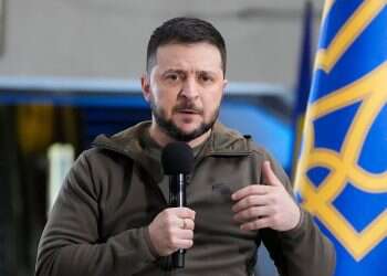 Ukrainian President Volodymyr Zelenskyy answers media questions during a press conference in a city subway under a central square in Kyiv, Ukraine, April 23, 2022 Zelenskyy denounces Russia after missile strike on Odesa leaves 8 dead