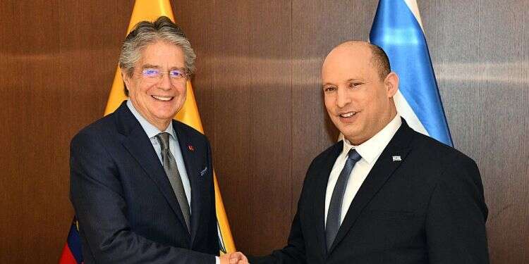 Ecuadorian President Guillermo Lasso and Prime Minister Naftali Bennett in Jerusalem, May 12, 2022 Ecuadorian leader 'looks forward' to expanding ties with Israel