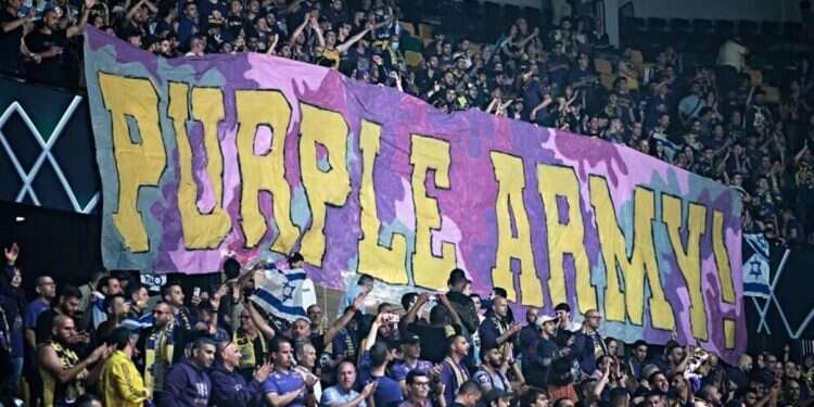 Hapoel Holon fans at the game in Bilbao, May 8, 2022
| Screenshot Photo: FIBA Palestinian supporters attack Israeli basketball fans in Spain