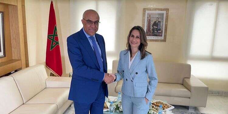 Innovation, Science, and Technology Minister Orit Farkash-Hacohen shakes hands with her Moroccan counterpart Abdellatif Miraoui in Morocco on May 27, 2022 Israel signs first-of-its-kind agreement with Morocco