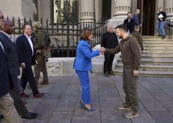 Ukrainian President Volodymyr Zelenskyy, center right, and US Speaker of the House Nancy Pelosi shake hands during their meeting in Kyiv, Ukraine, Saturday, April 30, 2022
AP via Ukrainian Presidential Press Office
In Kyiv, Pelosi vows US support 'until the fight is done'