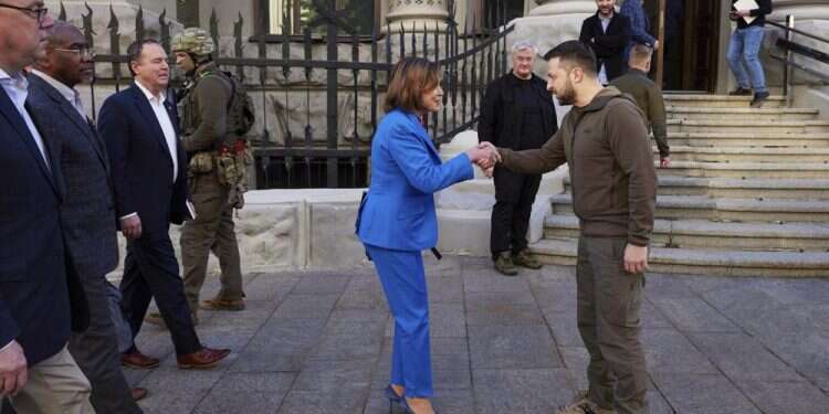 Ukrainian President Volodymyr Zelenskyy, center right, and US Speaker of the House Nancy Pelosi shake hands during their meeting in Kyiv, Ukraine, Saturday, April 30, 2022
AP via Ukrainian Presidential Press Office
In Kyiv, Pelosi vows unbending US support 'until the fight is done'
