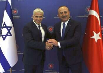 Turkish Foreign Minister Mevlut Cavusoglu, right, and Israeli Foreign Minister Yair Lapid in Ankara, Turkey, Thursday, June 23, 2022 Turkey, Israel seek to bolster ties amid ongoing counterterrorism effort