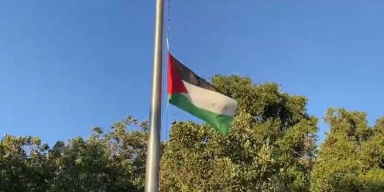 The Palestinian flag raised at a memorial to slain IDF soldiers in the Golan Heights Palestinian flag raised at memorial to slain IDF soldiers in Golan Heights
