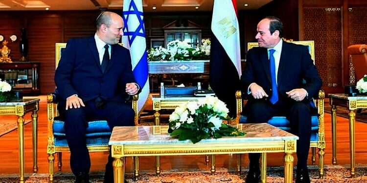 Prime Minister Naftali Bennet with Egyptian President Abdel-Fattah el-Sissi at the Red Sea resort of Sharm el-Sheikh, Egypt, Monday, Sept. 13, 2021 Egyptian business leaders visit Israel as part of QIZ trade agreement