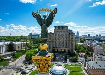 The Independence Monument is seen towering above a largely empty Maidan square in Kyiv, May 9, 2022 (AFP/Carlos Reyes) Israel to fully reopen embassy in Kyiv this week, ambassador says