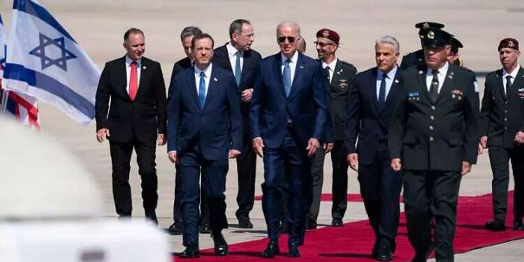 President Isaac Herzog, US President Joe Biden and Prime Minister Yair Lapid at Ben Gurion Airport, July 13, 2022 Biden leaves Israel to talk oil, security cooperation with Saudis
