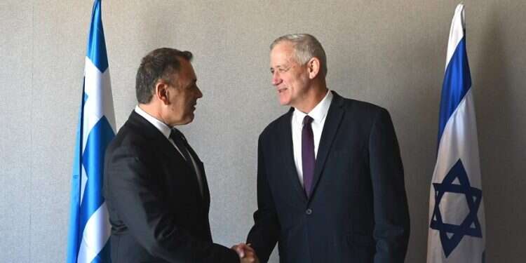 Defense Minister Benny Gantz with his Greek counterpart Nikos Panagiotopoulos in Greece, Tuesday, July 5, 2022 Gantz: Iranian presence in Red Sea is direct threat to global trade, energy