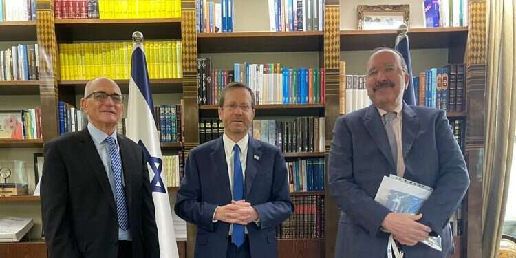 Brig.-Gen. (res.) Yossi Kuperwasser, President Isaac Herzog, President of the Jerusalem Center for Public Affairs Dore Gold Preparedness for land warfare remains crucial, think tank tells president