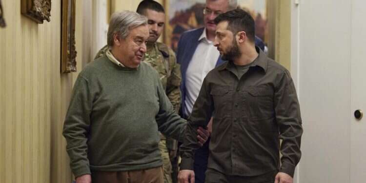 Ukrainian President Volodymyr Zelenskyy, right, and UN Secretary-General Antonio Guterres leave a news conference during their meeting in Kyiv, Ukraine, April 28, 2022 Zelenskyy hosts Lviv talks with UN chief, Turkish leader