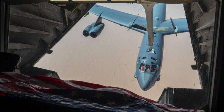 A B-52H Stratofortress assigned to the 5th Bomb Wing, Minot Air Force Base, North Dakota, approaching a KC-10 Extender for refueling over the Middle East on Sunday, Sept. 4, 2022 US B-52 bombers fly over Middle East amid tensions with Iran
